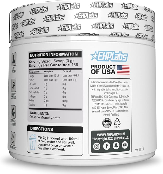 EHP Labs CREA-8 Micronized Creatine Monohydrate Powder - Unflavored Creatine Powder for Muscle Growth Increased Strength Enhanced Energy Output and Improved Performance - 100 Servings (500g)