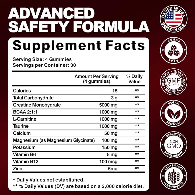 Creatine Monohydrate Gummies for Men &amp Women 8500MG Creatine Gummies Sugar Free Strawberry Flavored with L-Taurine BCAA 2:1 B12 B6 for Boost Strength Focus &amp Endurance Vegan Non-GMO 120