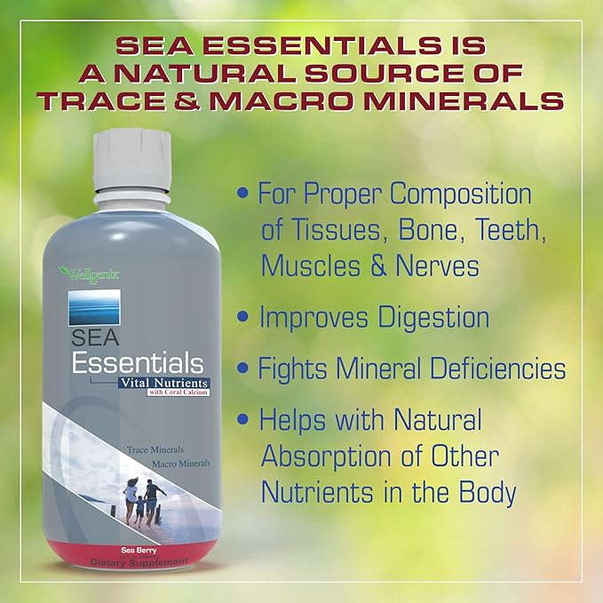 Wellgenix Sea Essentials Liquid Mineral Dietary Supplement with Trace and Macro Minerals and Coral Calcium – Sea Berry Flavor – 32 fl oz (Pack of 2)
