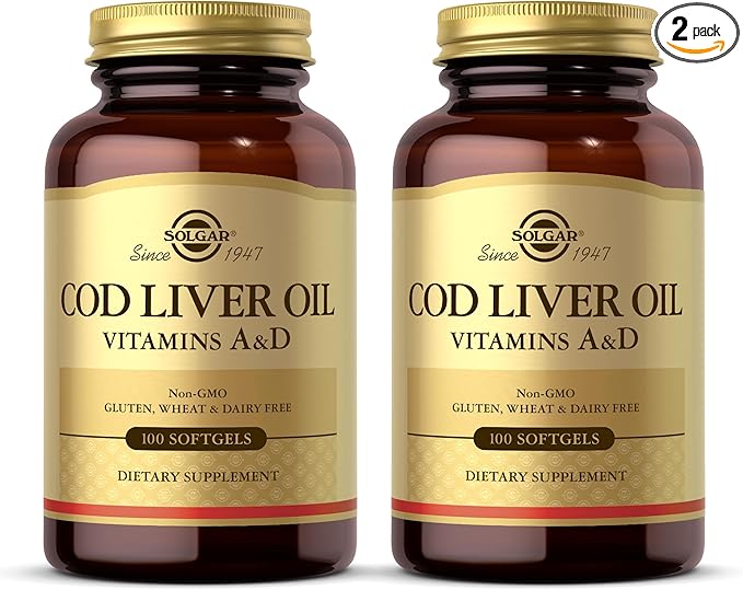 Solgar Cod Liver Oil - 100 Softgels Pack of 2 - Provides Vitamins A &amp D - Non-GMO Gluten Free - 200 Total Servings
