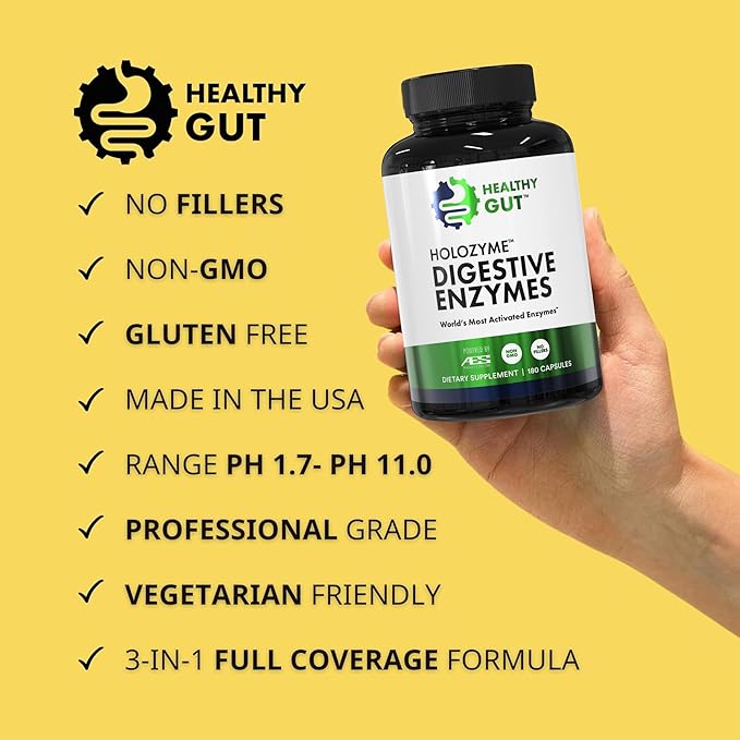 Healthy Gut HoloZyme Max Strength Digestive Enzymes | FODMAP-Friendly Formula Prevents Bloating Gas &amp Indigestion w/Protease Amylase Lipase Lactase and More | 90 Servings