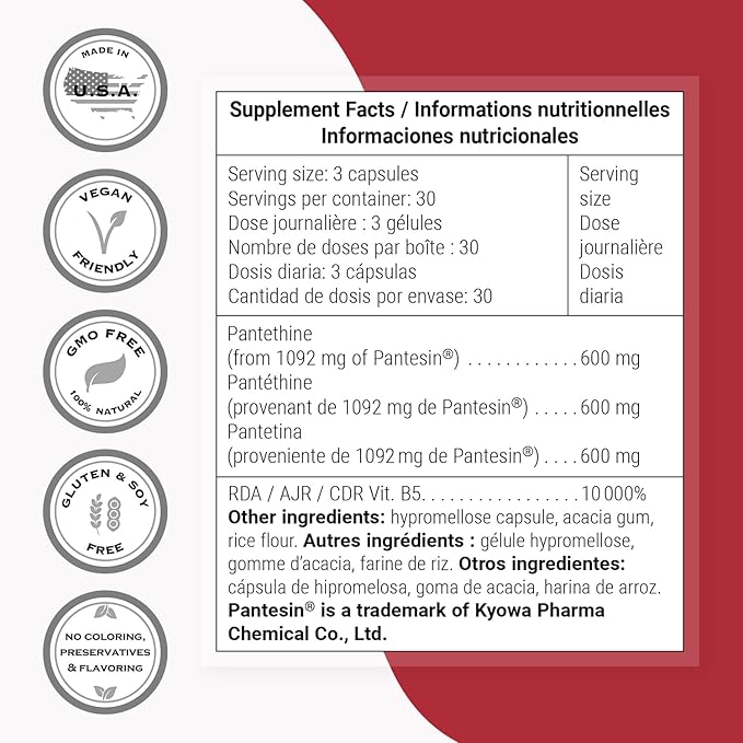 Supersmart - Pantesin Pantethine 600 mg per Day (Pantothenic Acid) - Active Vitamin B5 Supplement | Non-GMO &amp Gluten Free - 90 Vegetarian Capsules