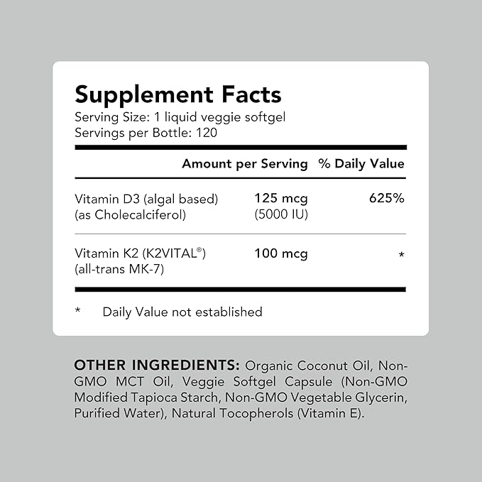 AMANDEAN Vitamin D3 K2. Vegan &amp Plant-Based 5000iu VIT D from Algae. All-Trans MK-7 K2Vital. 120 Softgels. Carrageenan Free. Organic Coconut Oil Blend. for Mood Bones Heart Immune Health.