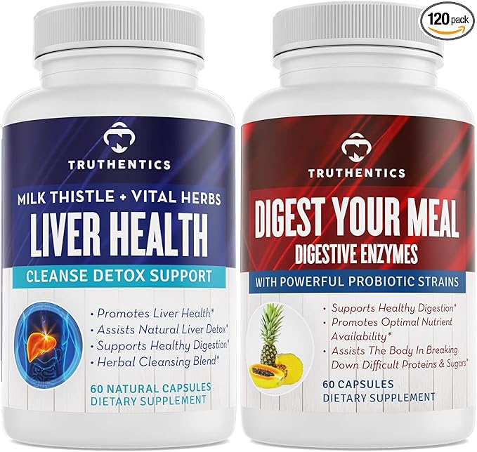 TRUTHENTICS Liver Health and Digestive Enzymes Bundle - Support for Liver Cleanse Detox Digestion Nutrient Absorption Occasional Gas and Bloating - Gluten Free Non-GMO