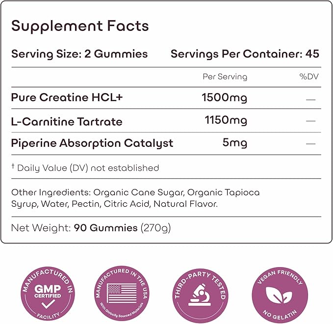 GreenLab Creatine HCL+ 2000mg Female Performance Complex – Sugar-Free Vegan Raspberry Flavor – Chewable Gummies for Women 90 Count