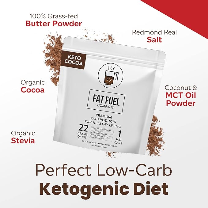 Fat Fuel Keto Cocoa 22g Premium Fats - with Grass Fed Butter MCT Oil Coconut &amp Redmond Real Salt - Instant Organic Cocoa One Net Carb A True Meal Replacement - 30 Bulk Powder Servings