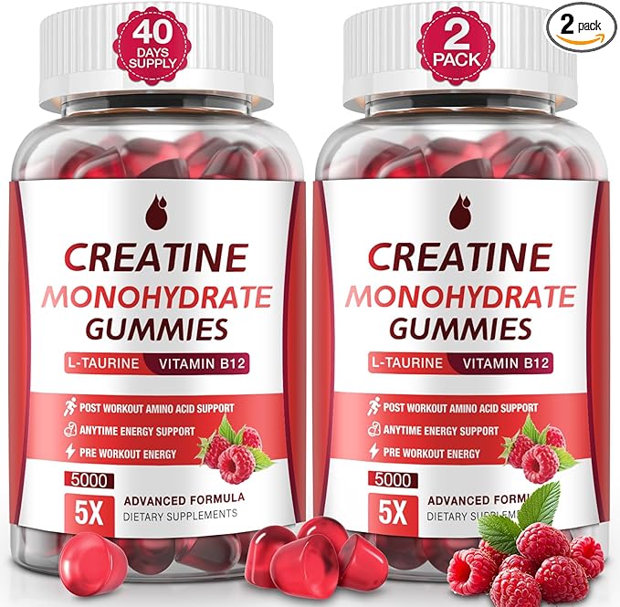 Creatine Gummies for Men &amp Women - Creatine Monohydrate Gummies 5g Low Sugar Creatine Supplement for Muscle Builder Energy Boost &amp Pre-Workout Supplement Raspberry Flavor 160 Gummies (2 Bo