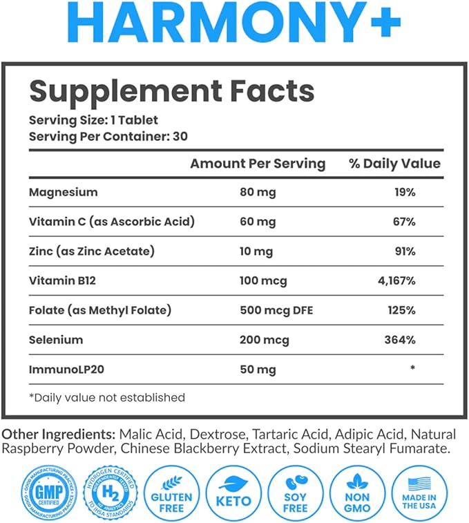 DRINK HRW Harmony+ Advanced Molecular Hydrogen Water + Immune Support: Up to 3X More Active Hydrogen ImmunoLP20 Postbiotics Plus VIT C Zinc B12 for Immune and Cellular Health (Raspberry 30 count)