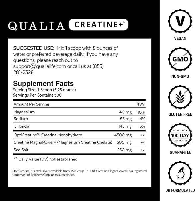 Qualia Creatine | Advanced Creatine Complex | 2 Sources + Magnesium | Optimized Absorption | Muscle Performance Brain Function &amp Healthy Aging (30 Servings)
