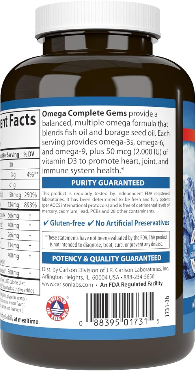 Carlson - Omega Complete Gems Omega-3-6-9 Wild Caught Sustainably Sourced Heart Health Joint Function &amp Immune Support 90 Softgels
