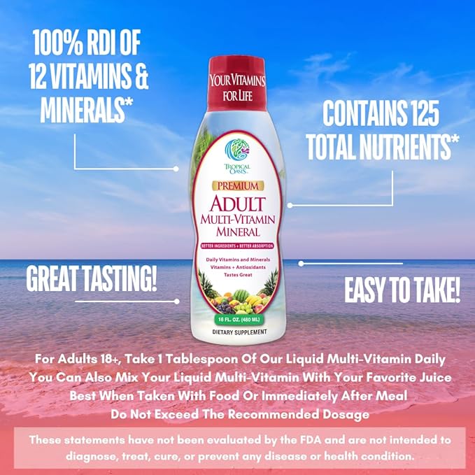 Tropical Oasis Adult Liquid Multivitamin -Liquid Multi-Vitamin and Mineral Supplement with 125 Total Nutrients Including 85 Vitamins &amp Minerals 23 Amino Acids and 18 Herbs - 16 fl oz 32 serv