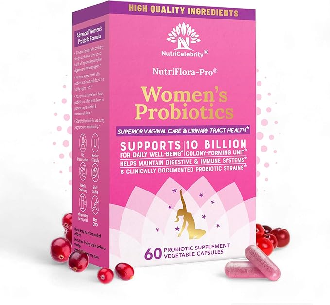 Nutricelebrity NutriFlora-Pro Probiotics for Women - Support Vaginal Urinary Health (UTI) Digestive System Period Pain Yeast and BV Relief Cranberry Pills 10 Billion CFU 6 Strains (60 Caps)