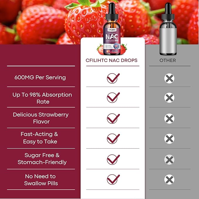 Liposomal Liquid NAC Supplement N-Acetyl Cysteine Drops N Acetyl Cysteine 600mg with Glutathione Resveratrol &amp Zinc for Adults &amp Kids Liver Lung Antioxidant Immune &amp Skin Health Strawbe