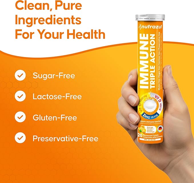 nutrazul Immune Triple Action Effervescent Tablets with Vitamin C 1000mg Vitamin D Zinc Support Daily Routine Gluten-Free Sugar-Free Lactose-Free Orange Flavor 20 Tablets (Pack of 5x20)