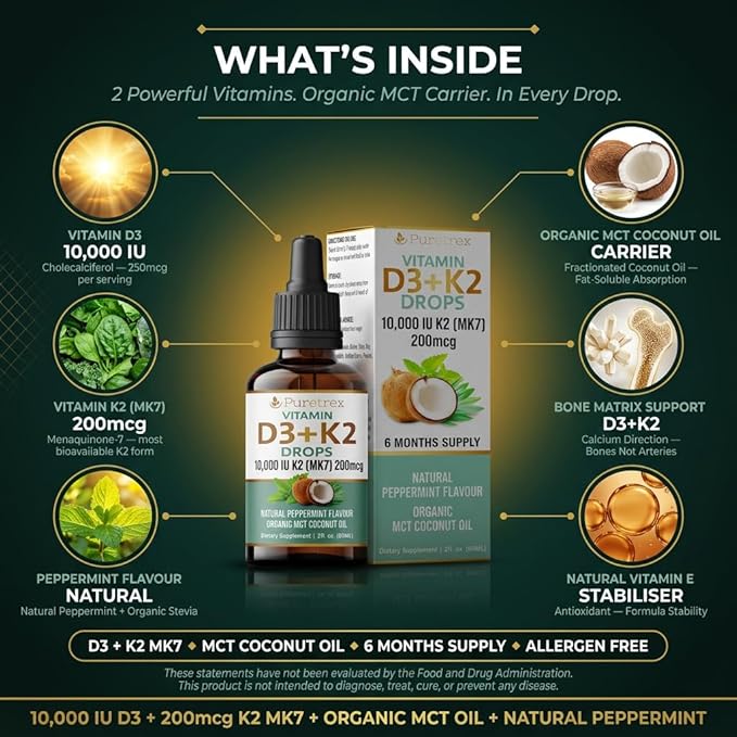Vitamin D3 + K2 Drops 10000 IU D3 with 200mcg K2 (MK7) Peppermint Flavour Organic MCT Coconut Oil 60mL 6 Month Supply