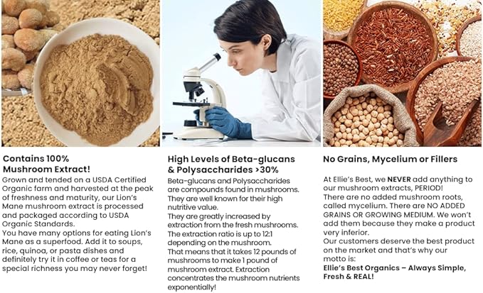 Ellie's Best Lions Mane Mushroom Extract Powder Supplement Organic 114 Servings - Double Extracted for Highest Potency - Dissolves in Coffee Tea Juice etc.4oz