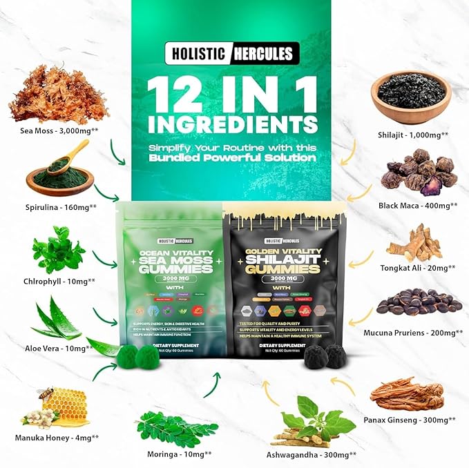 Holistic Hercules Sea Moss &amp Pure Himalayan Shilajit Gummies Gold | 100% Natural Organic Vegan | No Added Sugar | Ashwagandha Tongkat Ali Ginseng Spirulina Moringa Manuka Honey | 60 Gummies 2 Pack