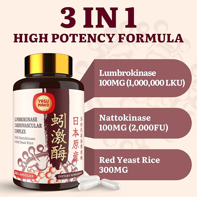 Lumbrokinase 100mg (Max Activity 1000000 LKU)Nattokinase 100mg-2000 FU of Activity and Red Yeast Rice 300mg Lumbrokinase Enzymes Supplement for CirculatoryCognition120 Capsules(Pack of 2)
