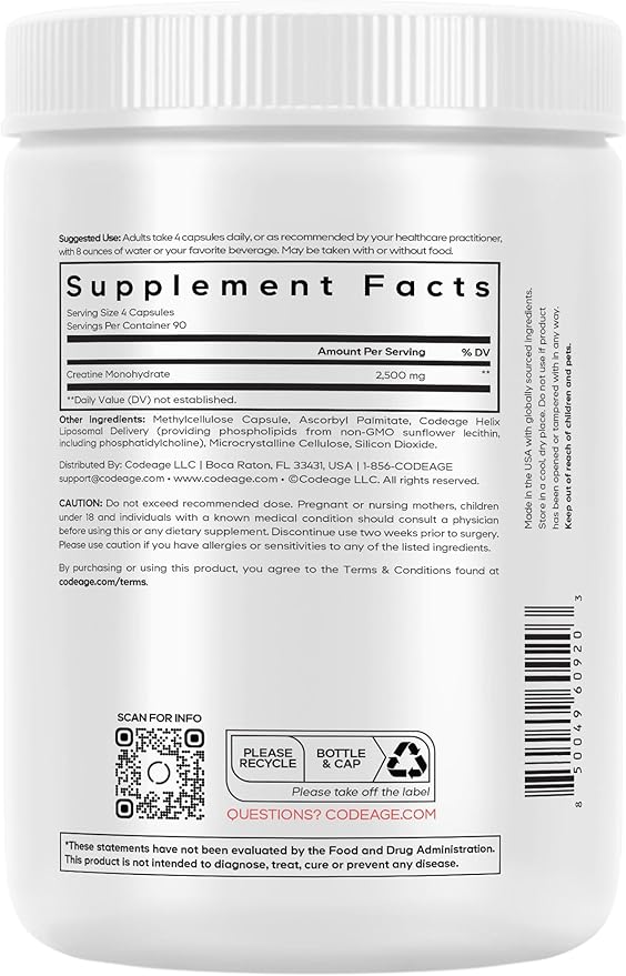 Codeage Liposomal Creatine Monohydrate Supplement Pure Creatine 2500mg - 3 Months Supply Micronized Creatinine Muscles Sports Nutrition and Athletes Non-GMO - 360 Capsules