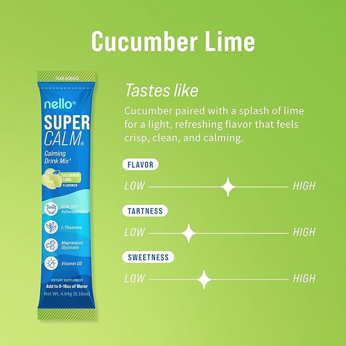 Nello Supercalm Powdered Drink Mix Cortisol Reducer and Sleep Aid Supplement L Theanine Ksm-66 Ashwagandha Magnesium Glycinate Vitamin D 3 No Sugar Non GMO On The Go 20 Ct Cucumber Lime