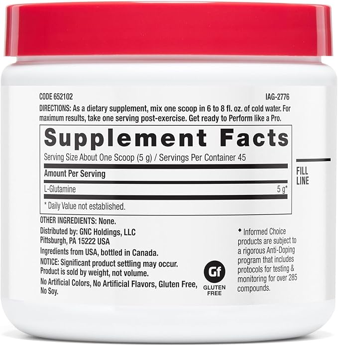 GNC Pro Performance L-Glutamine 5000mg Amino Acid Supplement Powder Supports Muscle Recovery &amp Function Fuels Immune System Unflavored 45 Servings