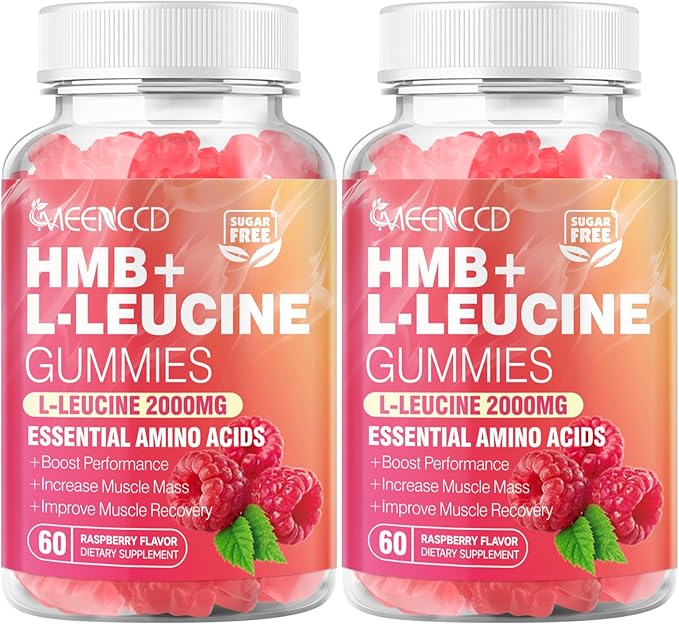 MEENCCD 2 Pack HMB and L-Leucine Gummies HMB and Leucine Amino Acid for Muscle Growth Muscle Maintenance and Muscle Function for Men &amp Women Sugar-Free Raspberry Flavor 120 Count