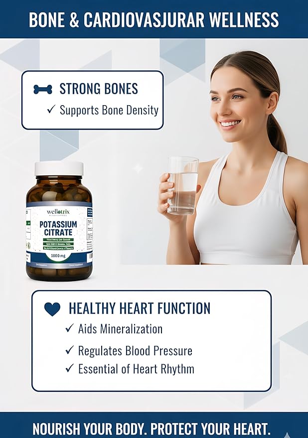 Wellotrix Potassium Citrate 1600 mg – 120 Vegan Capsules – Electrolyte Balance Kidney Support Urinary pH Health – Non-GMO Gluten-Free Made in USA – Vegan Formula