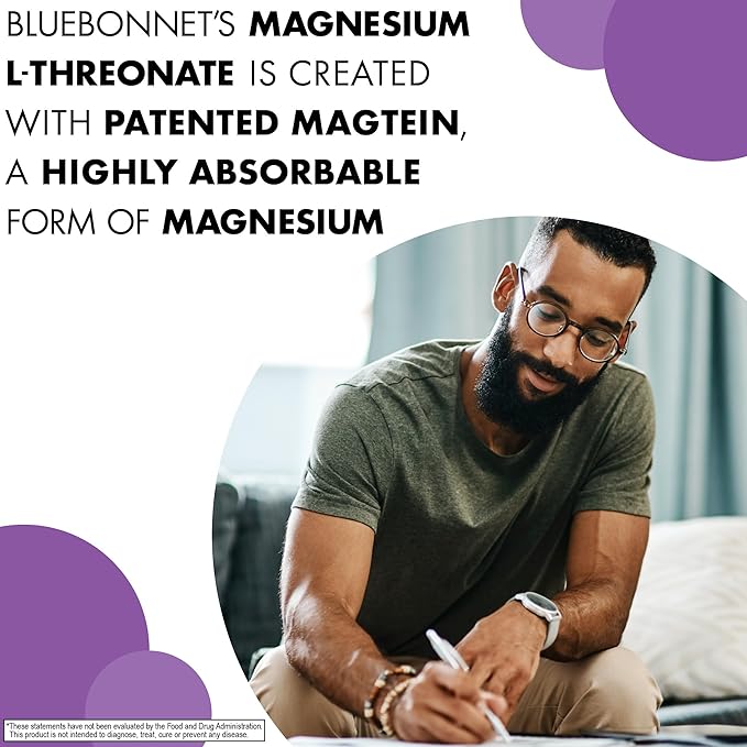 Bluebonnet Nutrition Magtein Magnesium L-Threonate Brain Health* Non-GMO Vegan Kosher Certified Gluten-Free Soy-Free 90 Vegetable Capsules 30 Servings