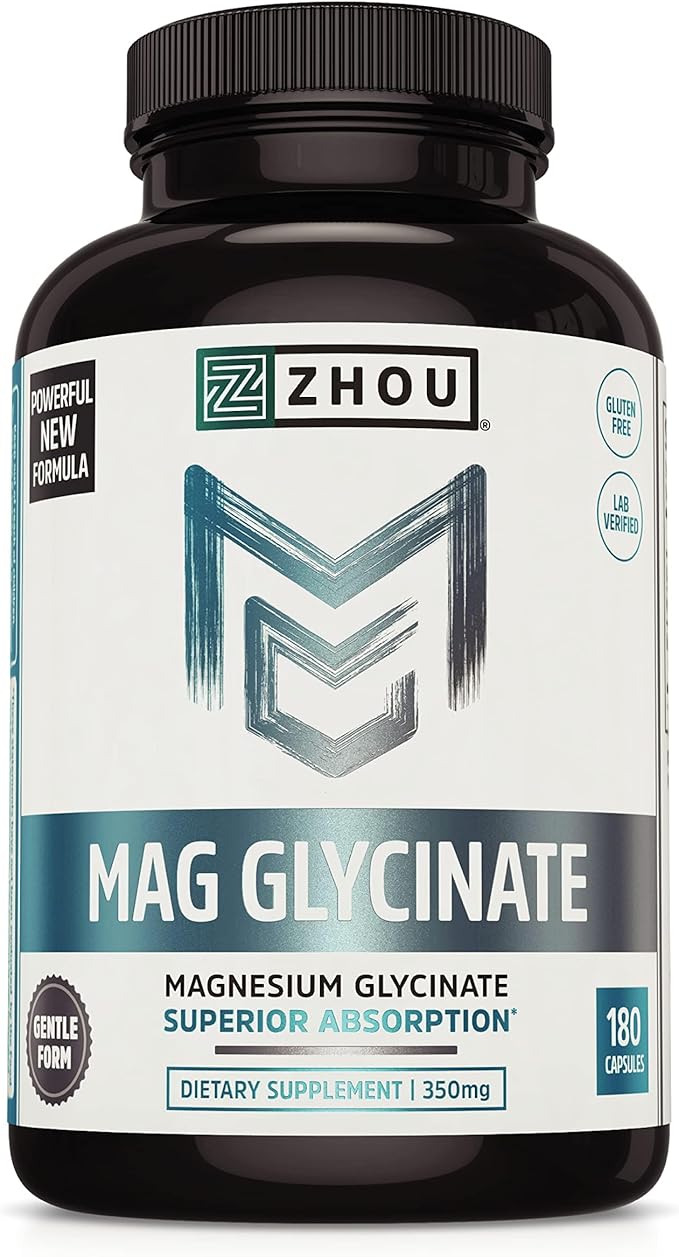 Zhou Magnesium Glycinate - Pure Mag Glycenate Supplement for Men &amp Women Natural Sleep Aid Heart Health Support Muscle Relaxation &amp Vitality - 180 Vegan Friendly Capsules
