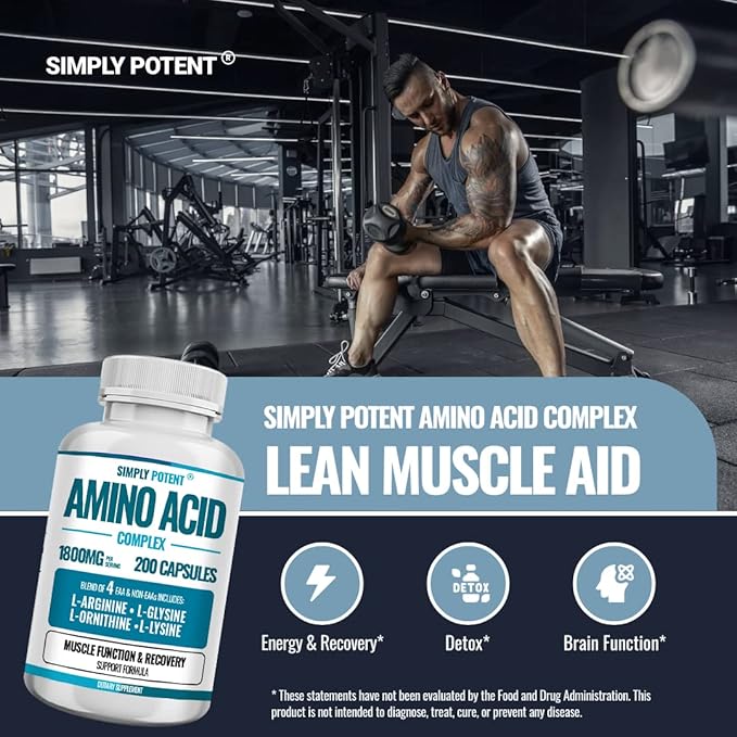 Simply Potent Amino Acid Complex 1800mg 200 Capsules Blend of 4 Essential and Non Essential Amino Acids Includes L-Arginine 550mg L-Ornithine 500mg L-Glysine 400mg &amp L-Lysine 350mg for Muscle