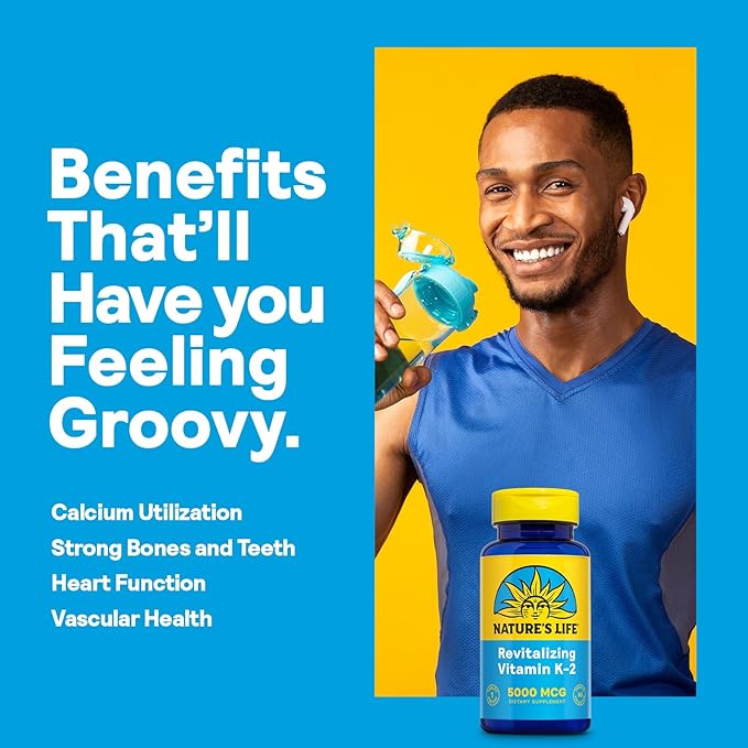Nature's Life Revitalizing Vitamin K2 - Bone Health Artery and Heart Health Support - High Potency Vitamin K Supplement as Vitamin K2 MK4-60 Day Guarantee Lab Verified - 60 Servings 60 Tablets