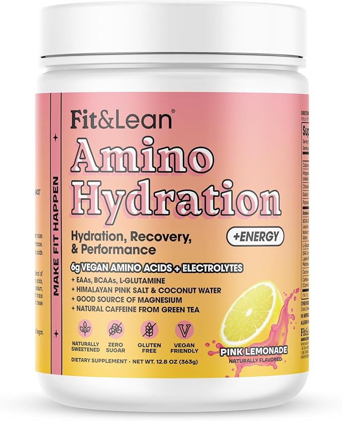 Fit &amp Lean Amino Hydration Plus Energy Pre Workout Powder 6g Vegan Essemtial Amino Acids EAA BCAA Glutamine Electrolytes &amp Natural Caffeine Pink Lemonade 30 Serve