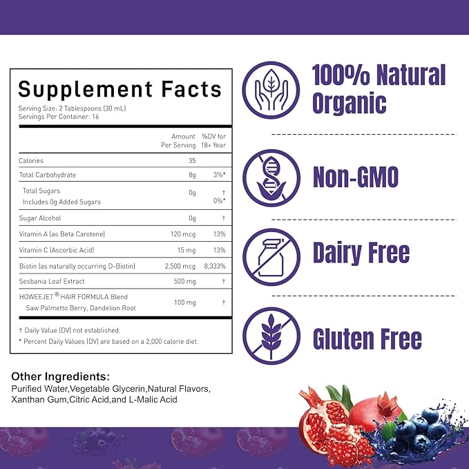 Liquid Multivitamin for Hair Formula | Biotin 2500mcg | Healthy Hair Habits | Clinically Tested for Thicker Hair &amp Skin Elasticity for Women | Ages 18+ | 16 Fl Oz (Blueberry Pomegranate Flavor)