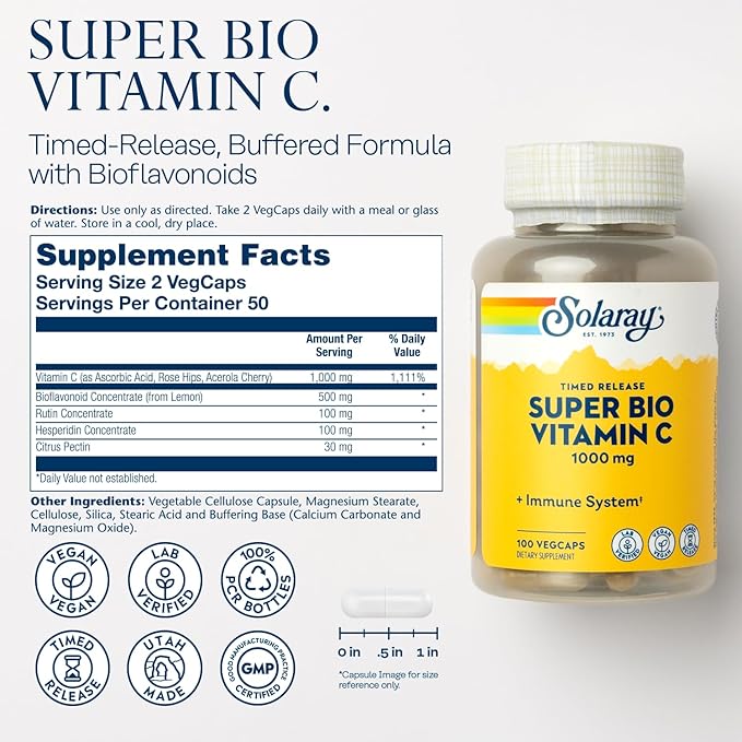 SOLARAY DAO Enzyme and Super Bio Vitamin C 1000mg - Digestive Enzymes to Break Down Histamine - Timed Release VIT C w/Bioflavonoids Immune Support Supplement Vegan 60-Day Guarantee 30/50 Servings