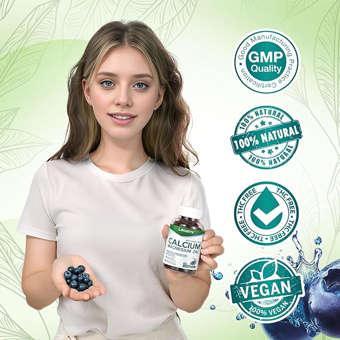 Calcium Magnesium Zinc Gummies with Vitamin D3 &amp K2 - High Potency Enhanced Absorption -120 Blueberry Gummies Flavored