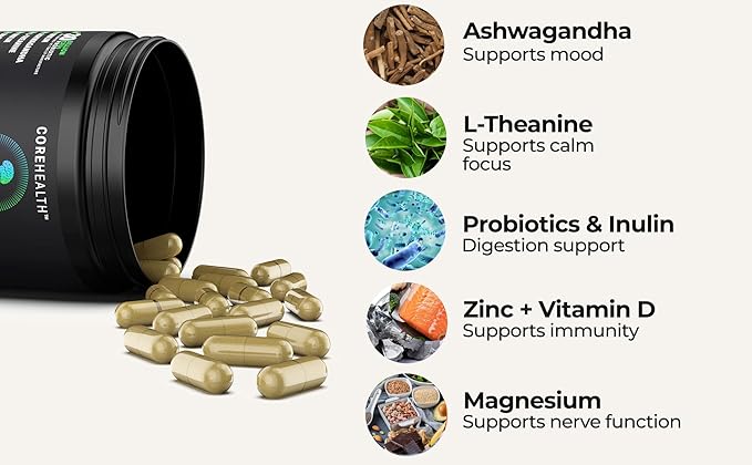 Gut-Brain Synergy Probiotic &amp Nootropic – 30Billion CFU Psychobiotic + Prebiotic with Ashwagandha L-Theanine &amp Zinc for Gut Health Mood Support Stress Relief Bloating Relief &amp Brain Fo