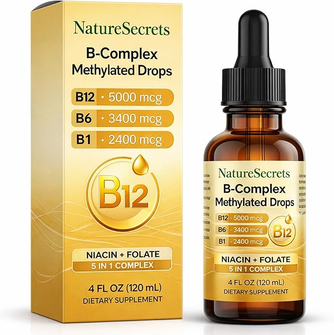 NATURESECRETS B-Complex Methylated Drops with B12 B6 B1 Fast Sublingual Absorption Essential B Vitamins for Energy &amp Nervous System Support Raspberry Flavor 120 mL / 4 fl oz