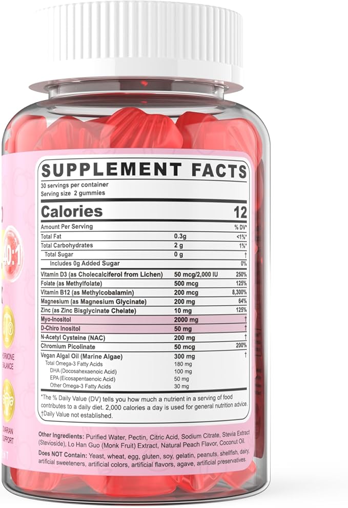 Myo-Inositol &amp D-Chiro Inositol Gummies Sugar Free Ideal 40:1 Ratio Inositol Supplement for Women w/ Vegan Omega-3 D3 Magnesium Methyl Folate B12 Inositol Multivitamin for Women's Overall He