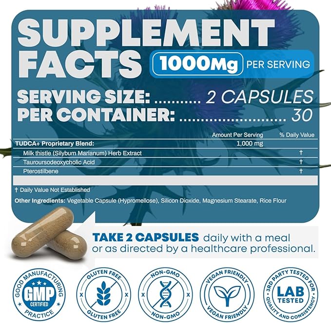 TUDCA+ 1000mg Bile Salt Supplement for Liver Support Detoxification Digestive Health and Skin Health - Made in the USA (60 Vegan Capsules)