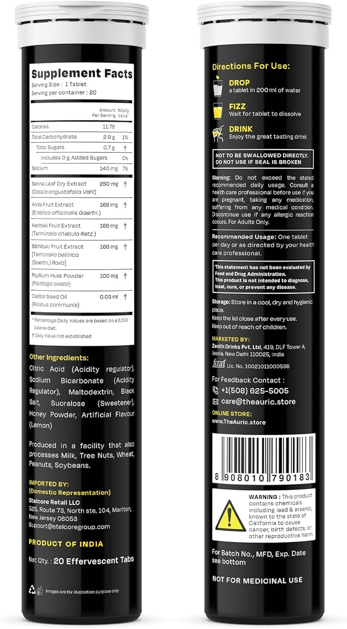 Auric Flush 365 Effervescent 120 Tablets Herbal Digestive Support | with Triphala Isabgol Castor Oil &amp Senna | Honey Lemon Flavor | Support Bowel &amp Gut Cleanse | Plant-Based Supplement