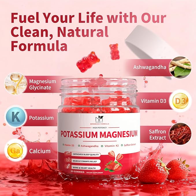 2 Pack Potassium Magnesium Gummies Sugar Free Potassium Supplement Magnesium Glycinate 500mg Ashwagandha Vitamins D3 C B6 Calcium &amp Zinc for Sleep Leg Cramps &amp Muscle Relaxation-120 Cou