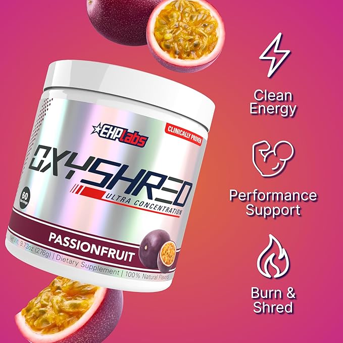 EHP Labs OxyShred Pre Workout Powder &amp Shredding Supplement - Preworkout Powder with L Glutamine &amp Acetyl L Carnitine Energy Boost Drink - Passionfruit 60 Servings