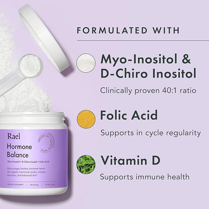 Rael Hormone Balance for Women Inositol Powder Supplement - Vitamin B8 40:1 Proven Ratio Folic Acid for Ovarian Function (30 Servings)