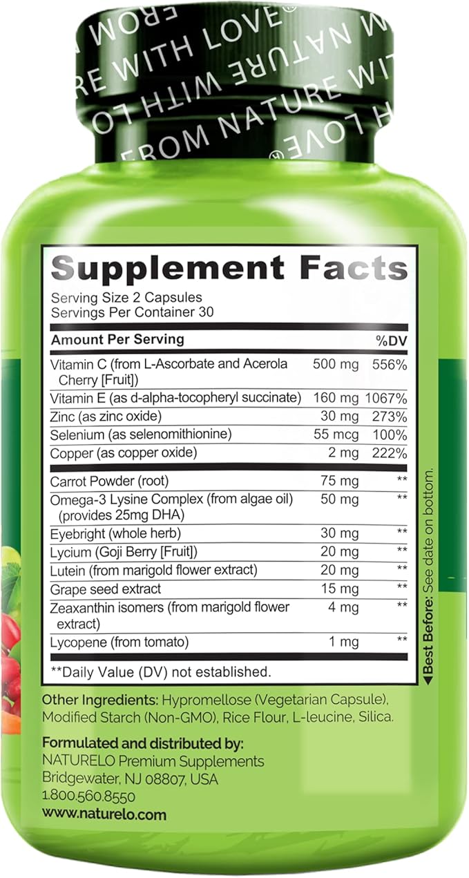 NATURELO Eye Vitamins - AREDS 2 Formula Nutrients with Lutein Zeaxanthin Vitamin C E Zinc Plus DHA - Supplement for Dry Eyes Healthy Vision Eye Support - 60 Vegan Capsules (Pack of 2)