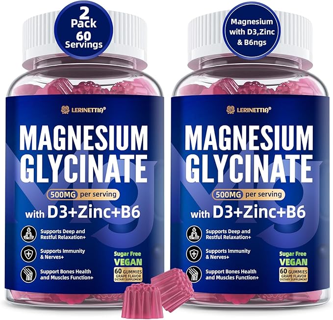 Magnesium Glycinate 500mg/250mg for Adults Teens - Plus D3B6 &amp Zinc - Magnesium Glycinate GummiesHigh Absorption - Support for RelaxationBrainBone &amp Immunity Health - Sugar Free - 120Cts