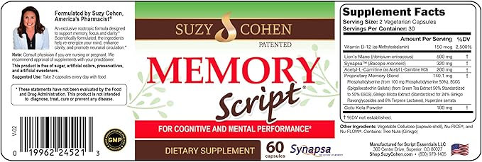 Suzy Cohen Memory Script with Lions Mane Phosphatidylserine Green Tea Extract and Ginkgo - Brain Support Supplement for Focus - Nootropic Capsules for Cognition Faster Recall and Mood