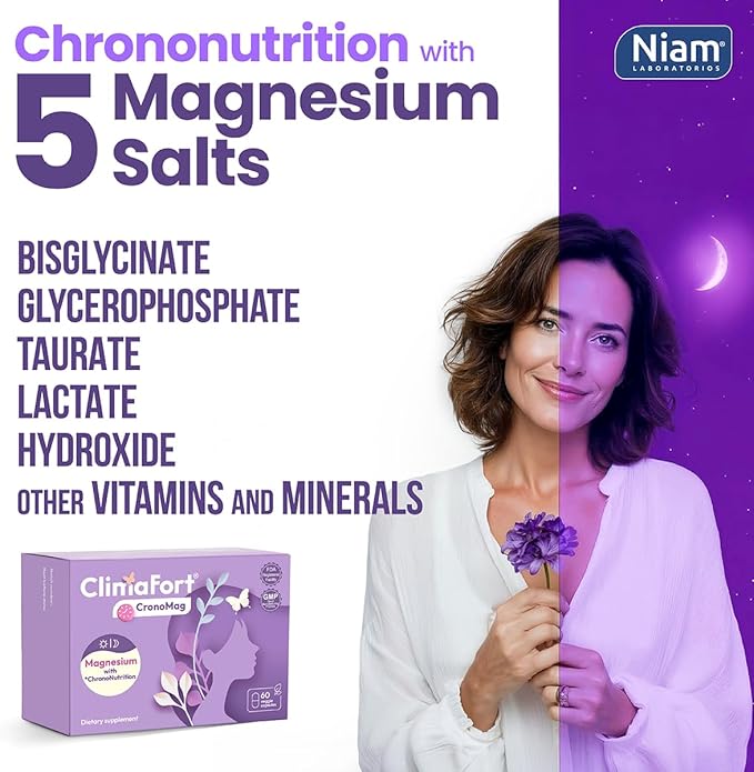 ClimaFort CronoMag | Magnesium for Women in Menopause | 5 Salts Bisglycinate + Glycerophosphate | B12 | Energy Supplement | 1 Month Supply