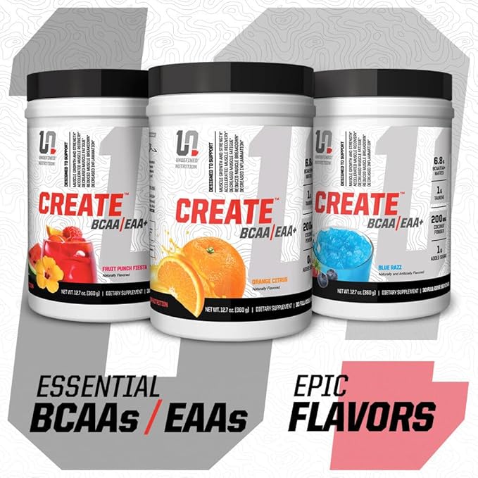Undefined Nutrition Create BCAA/EAA+ by Brian Shaw -Muscle Recovery &amp Endurance 6.8g BCAA/EAA Matrix -Full Spectrum BCAA + Essential Amino Acids Supplement – 30 Servings (127 oz Blue Razz)