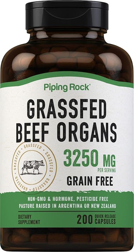 Piping Rock Grass Fed Beef Organs Supplement | 3250 mg | 200 Capsules | for Women and Men | Non-GMO Gluten Free
