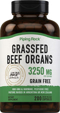Piping Rock Grass Fed Beef Organs Supplement | 3250 mg | 200 Capsules | for Women and Men | Non-GMO Gluten Free